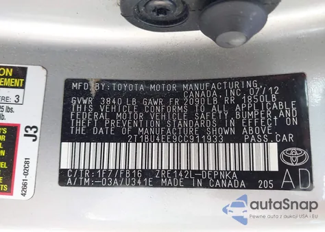 2012 Toyota Corolla Le from USA, damaged, VIN 2T1BU4EE9CC911933